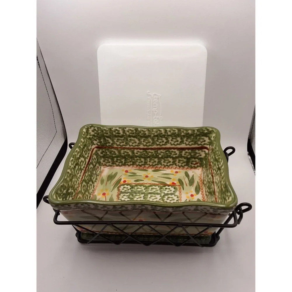 Temp-tations Old World Green 1.0 QT Rectangular Baker Set with Rack Lid Trivet